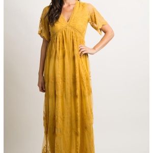 Pink Blush Mustard Lace Overlay Maxi Dress
